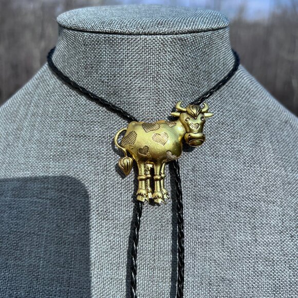 Jewelry - Cow Bolo Tie  Southwest Americana Cute Brassy Holstein with Hearts Retro